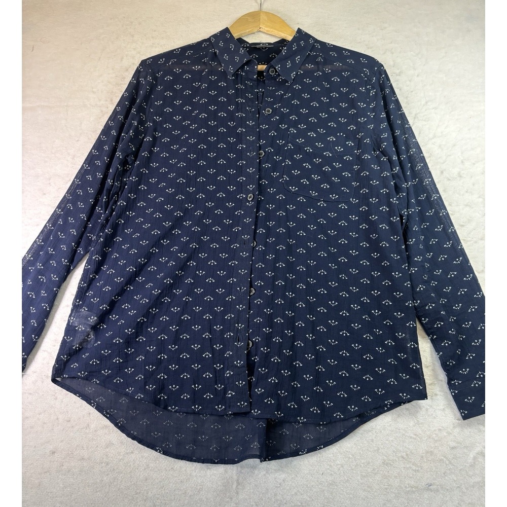 Eddie Bauer Navy Blue Floral Button Up Long Sleeve Wrinkle Free Shirt Sz L Cotto